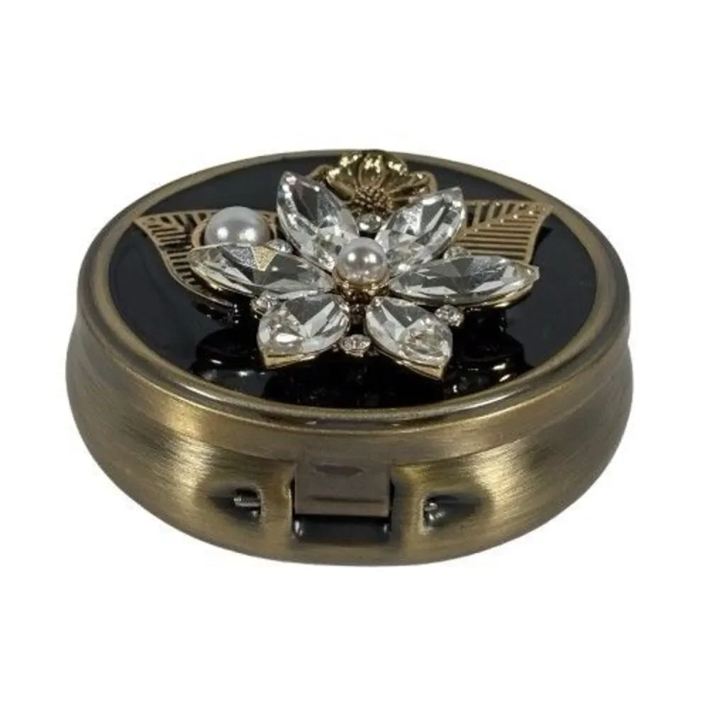 Pill Box Trinket Floral Design Blk Brass w/Crystal Embellishments 3 Compartments